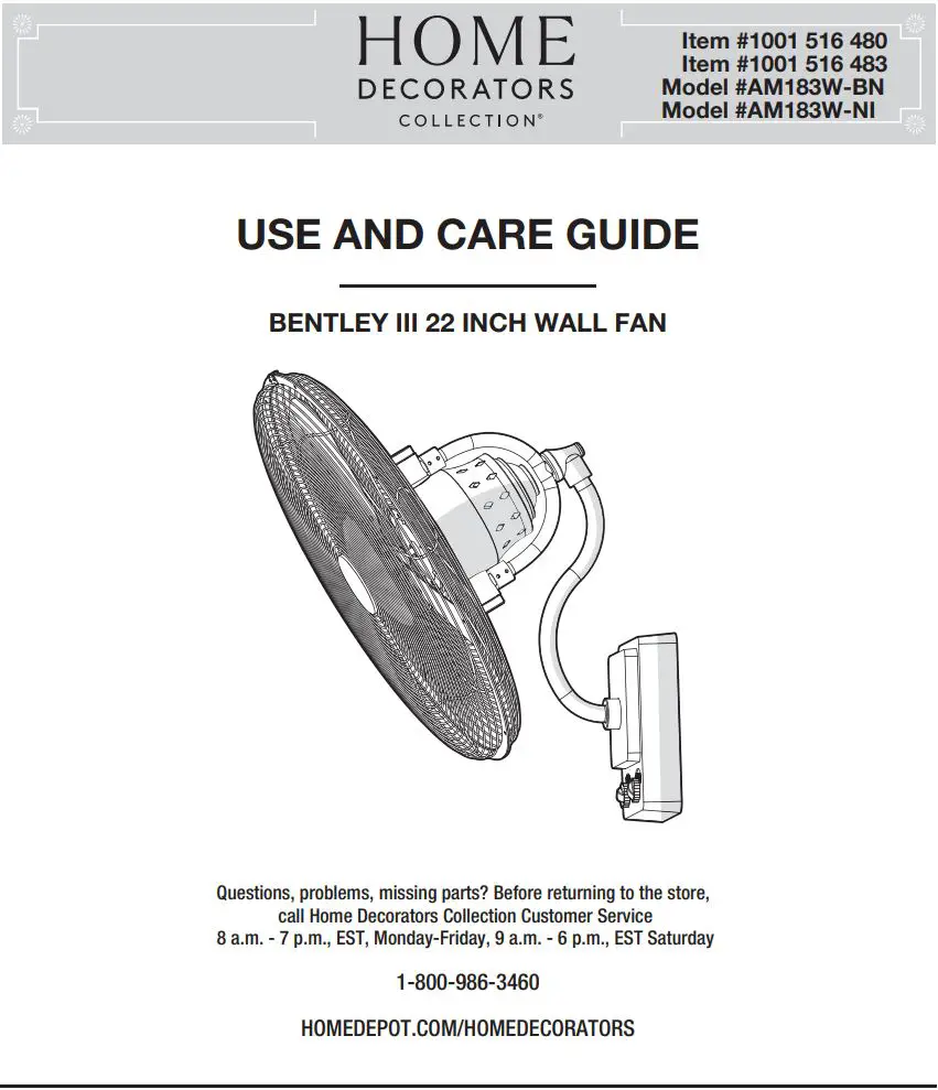 HOME DECORATORS COLLECTION AM183W-BN Bentley III 22 Inch Wall Fan User Guide