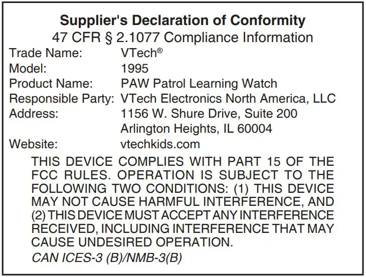 vtech 60241866 PAW Patrol Learning Watch - Supplier's Declaration of Conformity