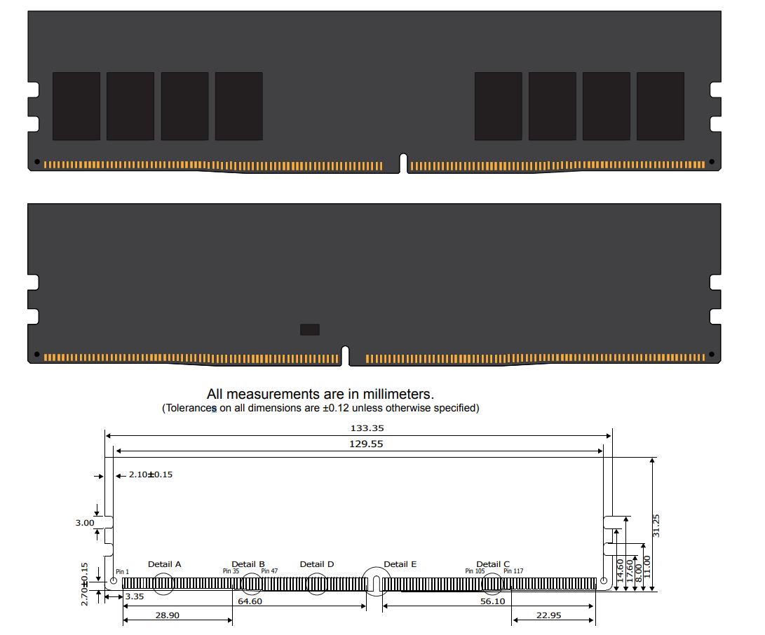 HyperX HX434C16FB3A 8 8GB 1G x 64-Bit DDR4-3466 CL16 288-Pin DIMM Memory Module - MODULE DIMENSIONS