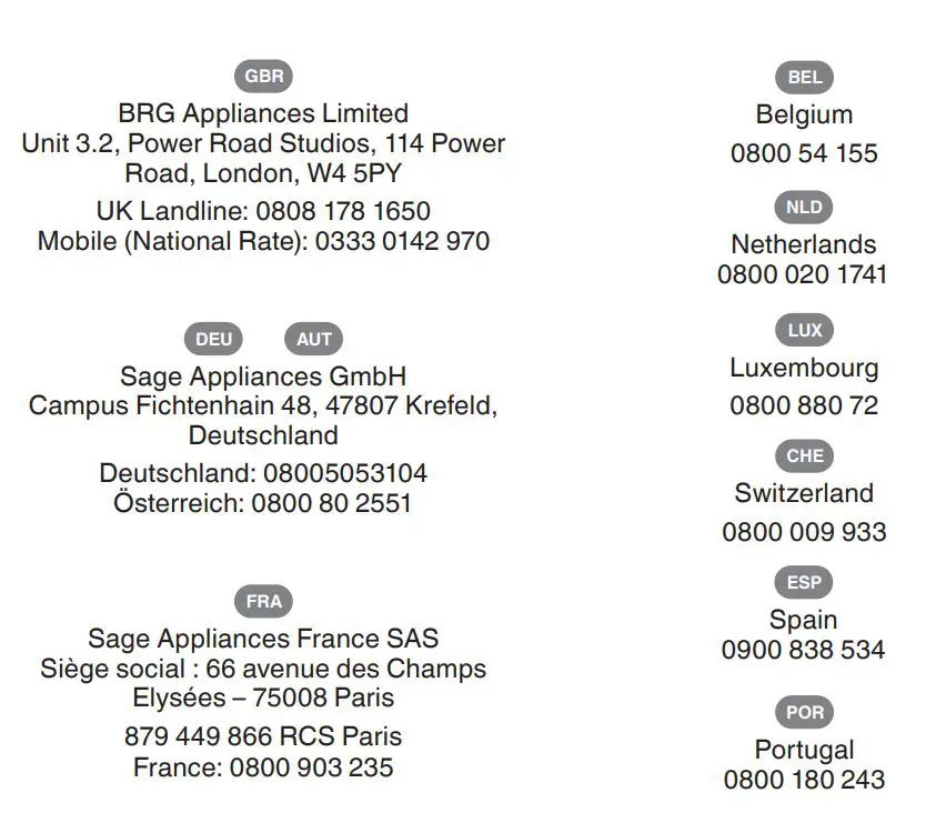 Sage BGR800 the BBQ Grill User Guide - Address & Contact Information