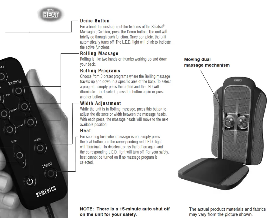 Homedics MCS-350H Shiatsu Massaging Cushion Moving Dual Massage Mechanism Instruction - Demo Button