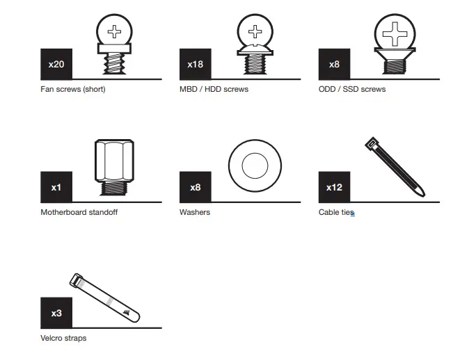 CORSAIR CC-9011201-WW 4000D Airflow Mid-Tower Gaming Case - ACCESSORY KIT CONTENTS