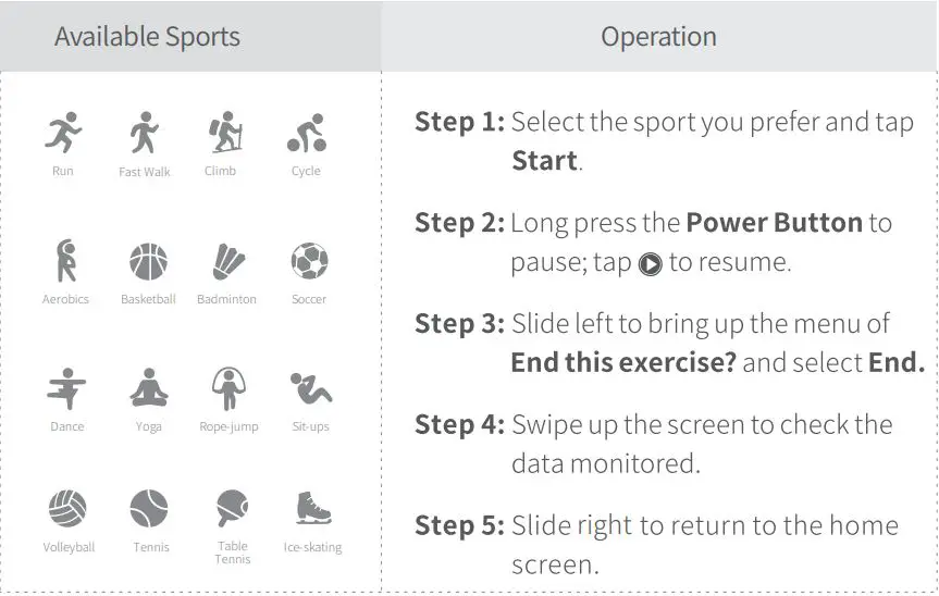 Tempo VT3 Lite Smart Watch User Manual - Available Sports