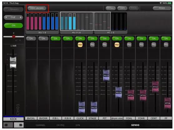 YAMAHA CL QL Series StageMix Digital Mixing Console - Hide Unused in Channel SENDS Editor View