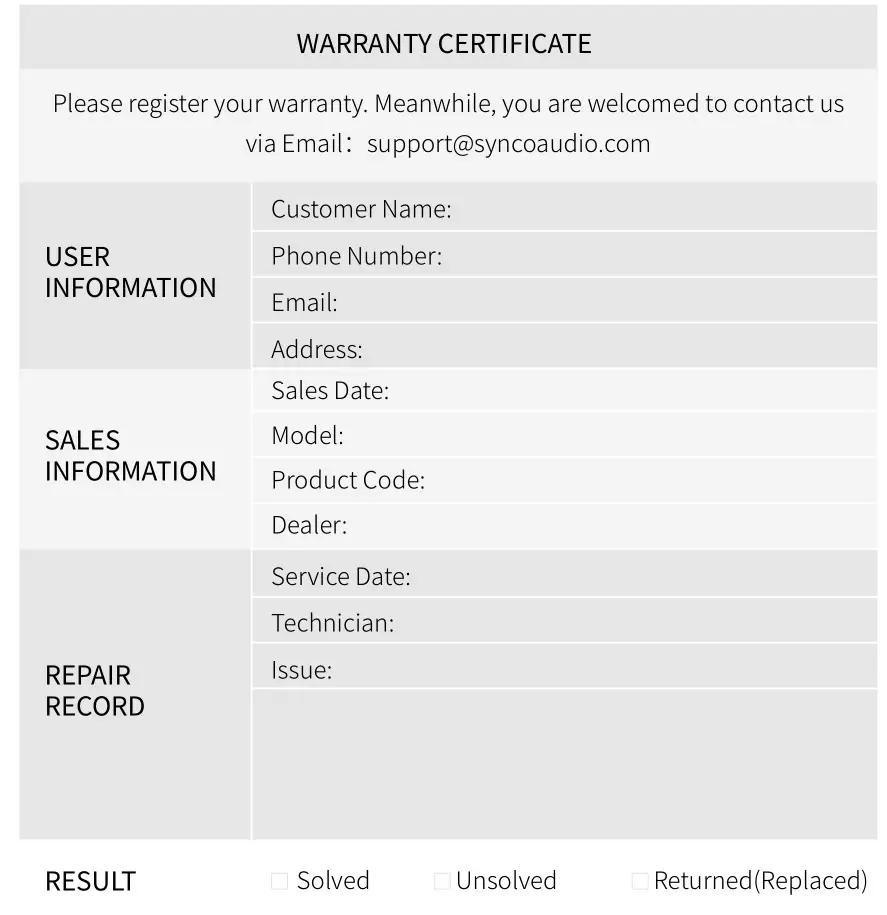 SYNCO CMIC-V10 Small-Diaphragm Condenser Microphone - WARRANTY CERTIFICATE