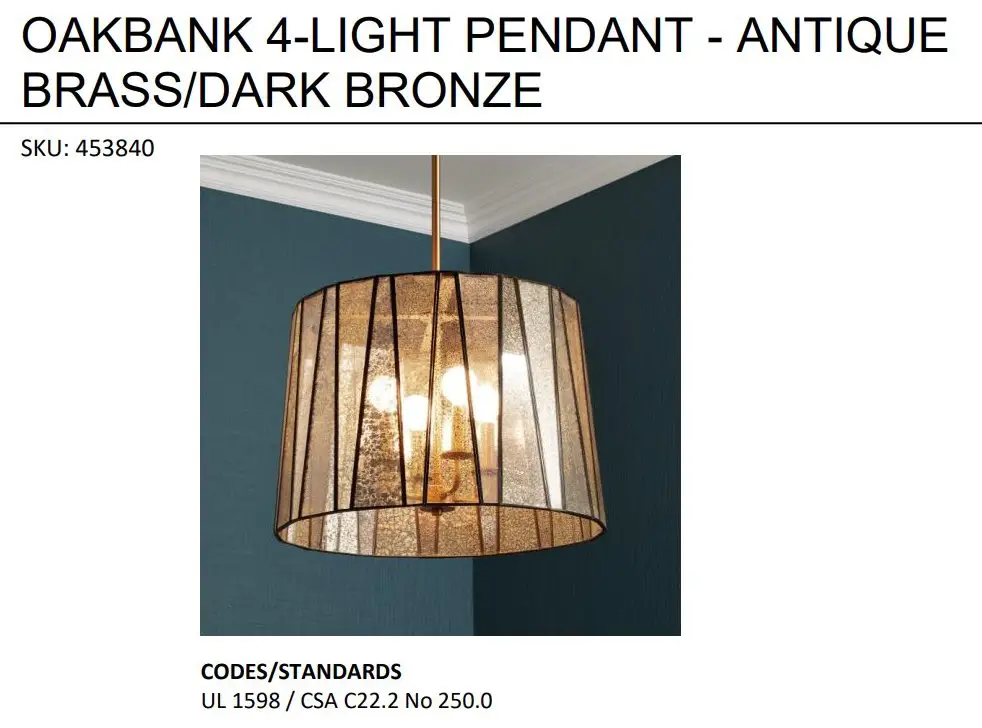 PARK HARBOR 453840 Oakbank Antique Brass or Dark Bronze 4 Light Pendant Light Instructions