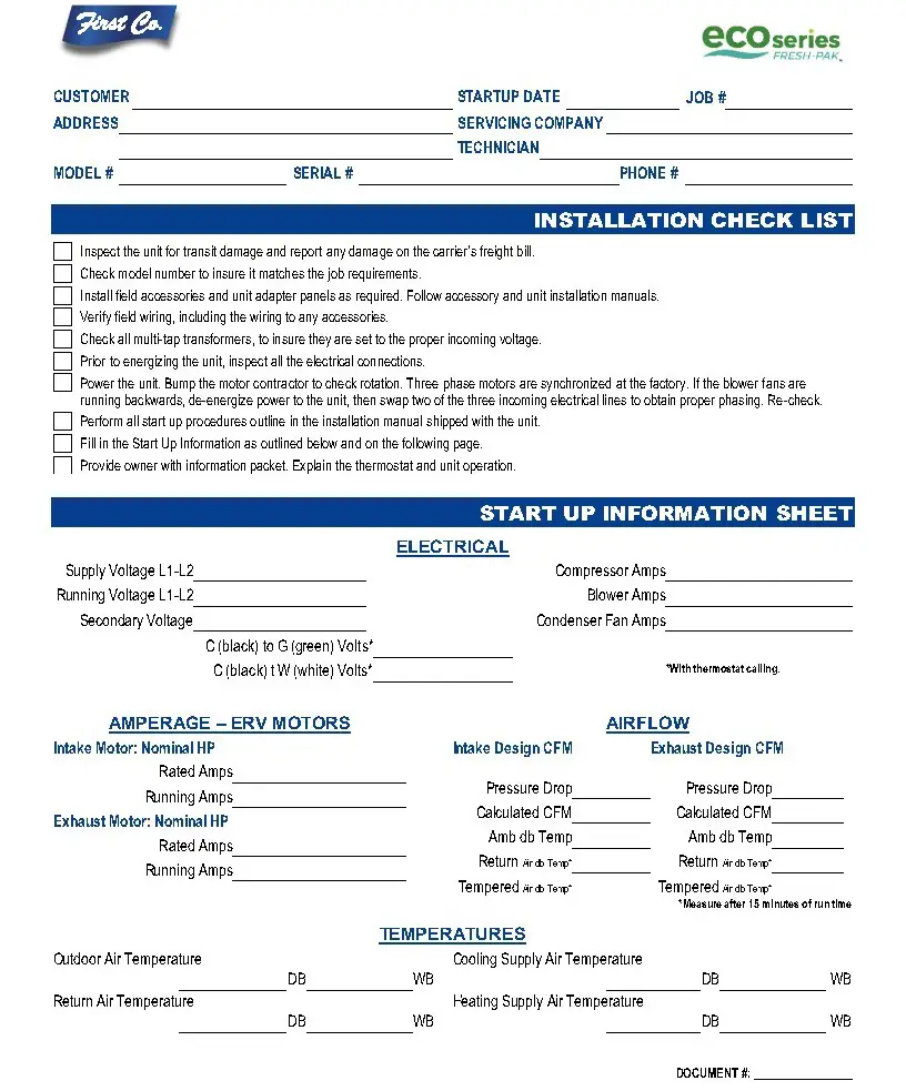 First Co EFE Series Vertical Packaged Unit w Energy Recovery Ventilation - CHECKLIST 1