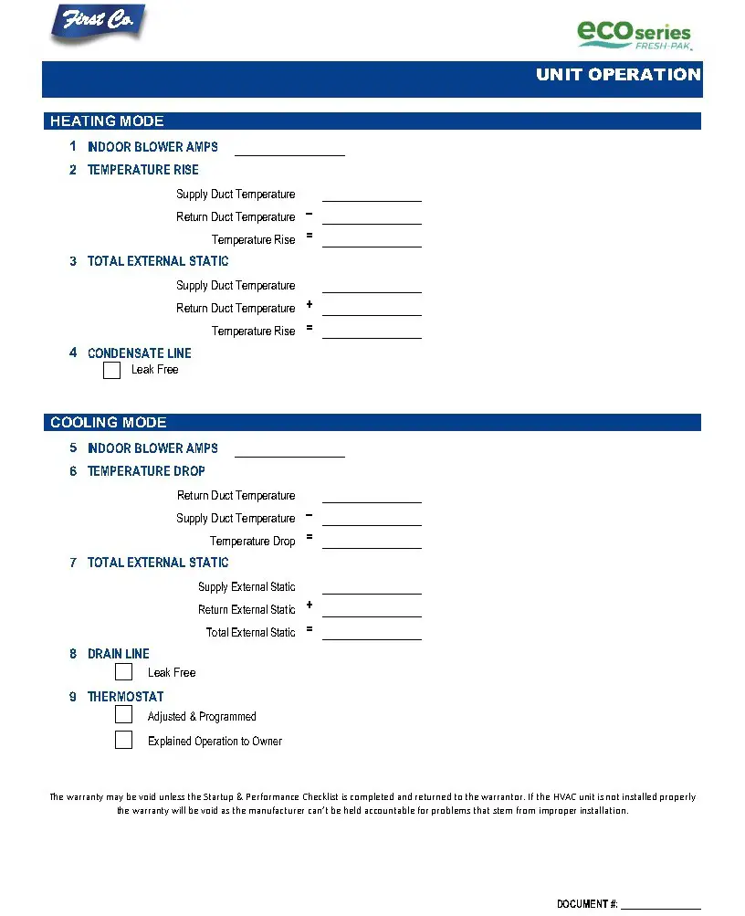 First Co EFE Series Vertical Packaged Unit w Energy Recovery Ventilation - CHECKLIST 2