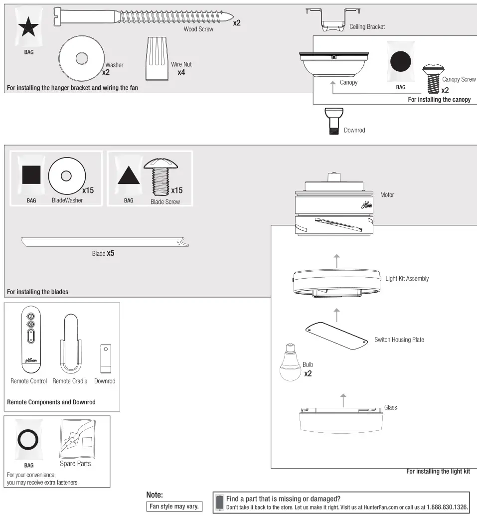 Hunter 51314 Aerodyne Ceiling Fan - Box Content