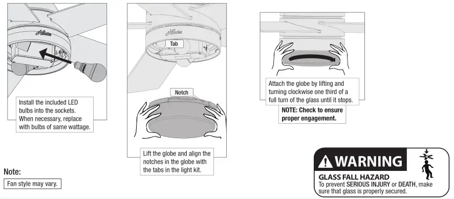 Hunter 51314 Aerodyne Ceiling Fan - Installing the Bulbs and Glass