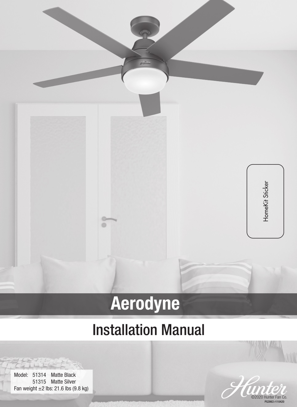 Hunter 51314 Aerodyne Ceiling Fan Instruction Manual