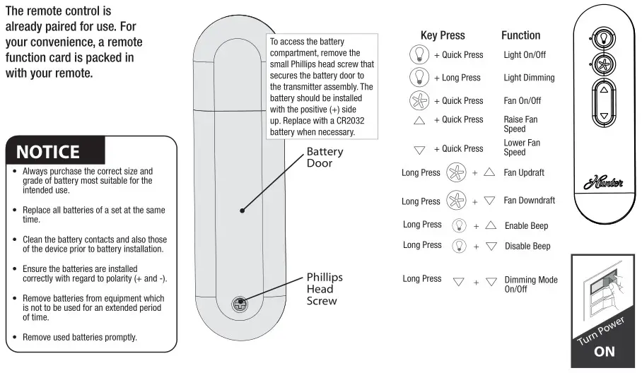 Hunter 51314 Aerodyne Ceiling Fan - Preparing the Remote