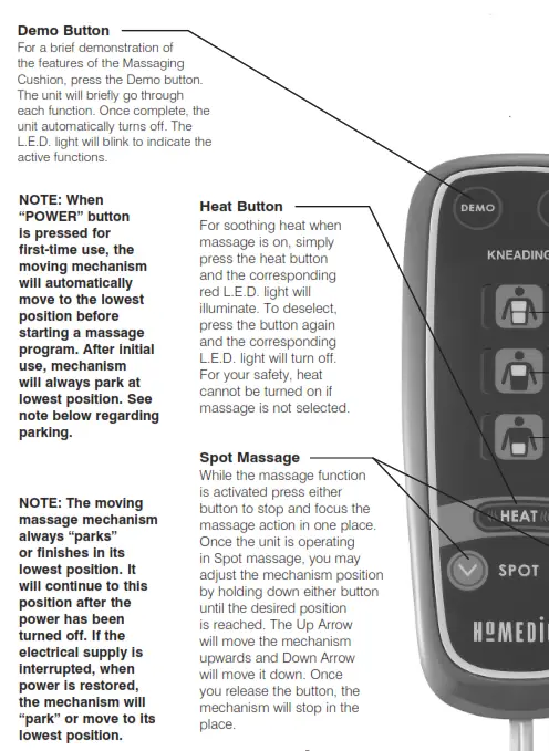 Homedics MCS-370H Dual Shiatsu Massage Cushion with Heat Instruction - Demo Button
