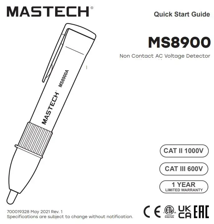 MASTECH MS8900 Non Contact AC Voltage Detector User Guide
