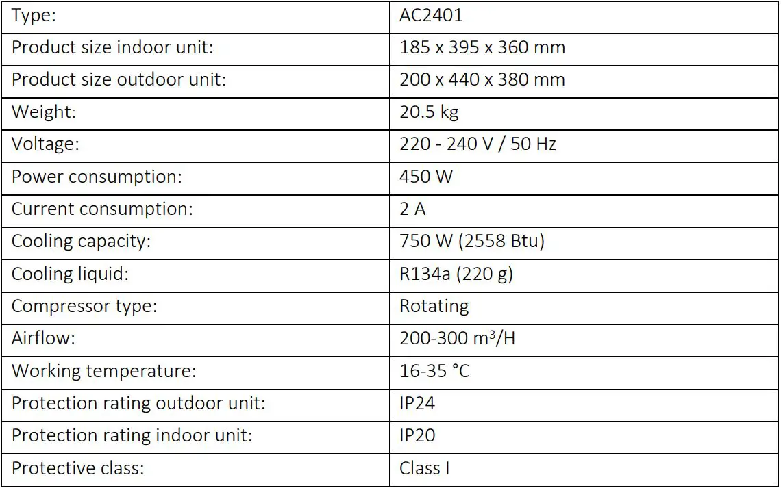 EUROM AC2401 Split Air Cinditioning User Manual - Specifications