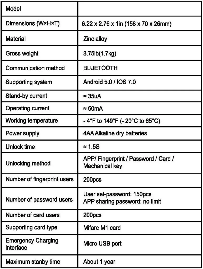 HBODIER HL02S Smart Door Lock Instruction Manual - Product Parameters