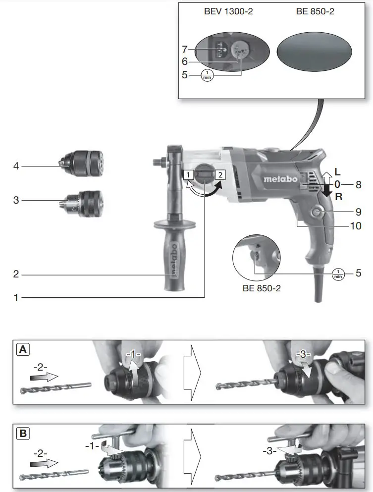 metabo BE 850-2 850W Rotary Drill Instruction Manual - Fig A,B