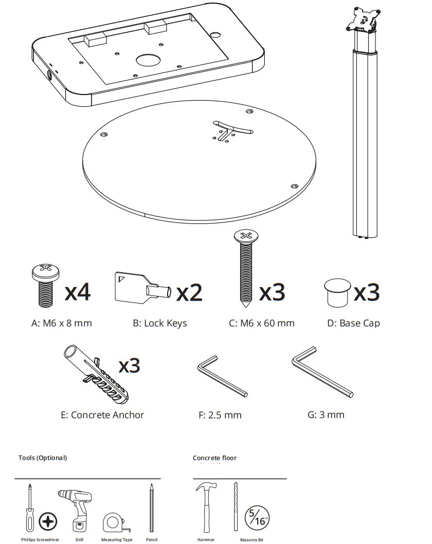 kanto SFS300 Floor-Standing Security iPad Stand - parts
