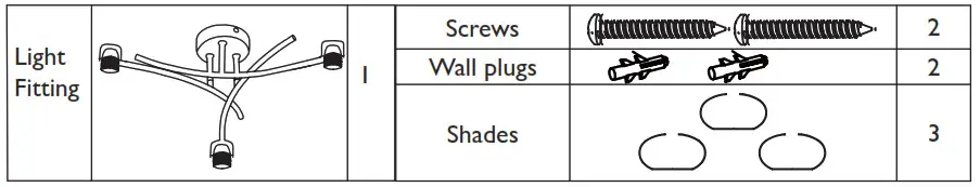 JOHN LEWIS Elio Pendant 3 Arm Ceiling Light - Parts List