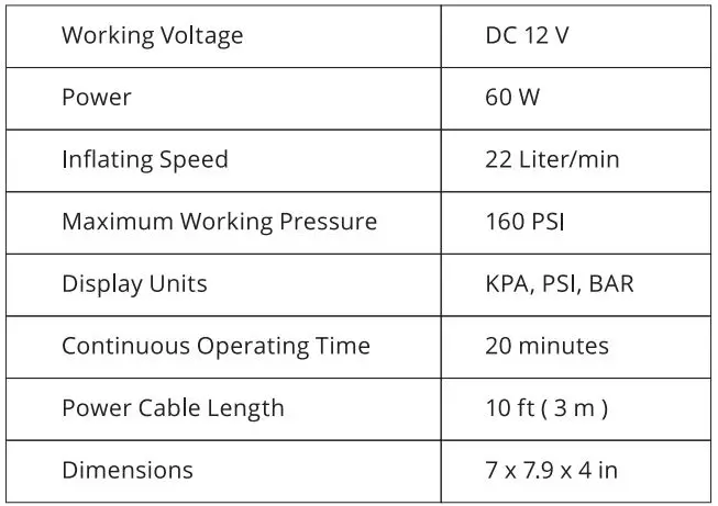 AstroAI JY6P160-12 Electric Portable Air Compressor Pump User Manual - Specifications