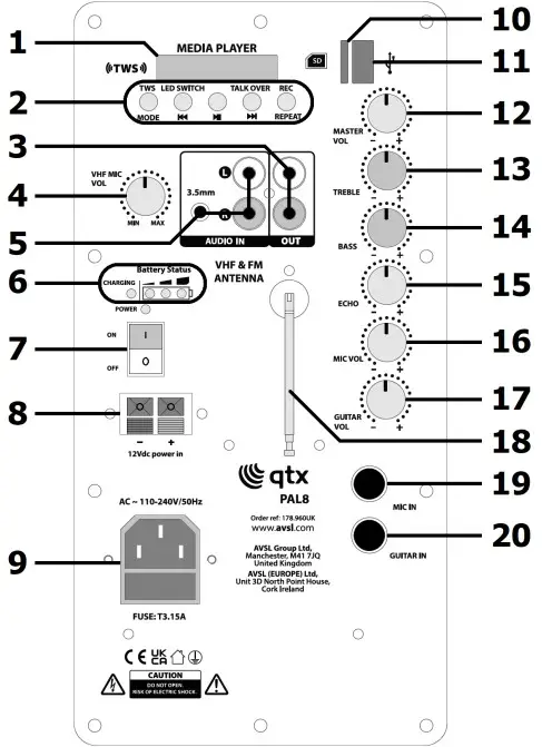 qtx PAL8 Portable PA Unit with LED Effect and TWS Pairing - Rear Panel