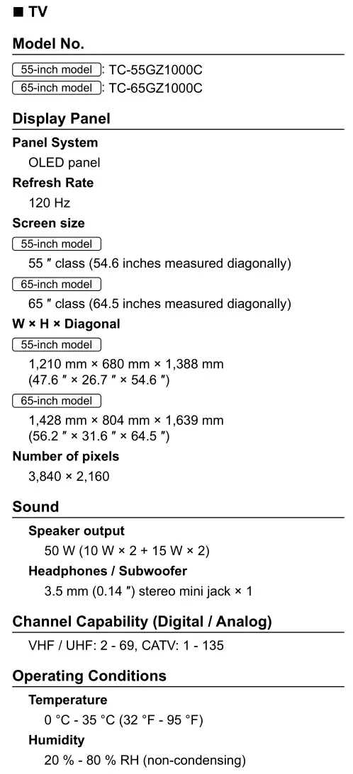 Panasonic 55″ 65″ Class 4K Ultra HD TV - Specifications 1