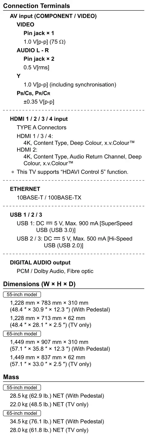Panasonic 55″ 65″ Class 4K Ultra HD TV - Specifications 2