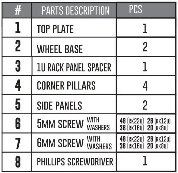 AXCESSABLES RK16U 19 Inch Cabinet AV Rock Stand - parts description