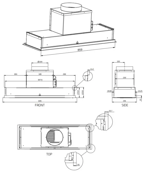 schweigen UM PA9S 900mm Silent Undermount Rangehood - Dimensions