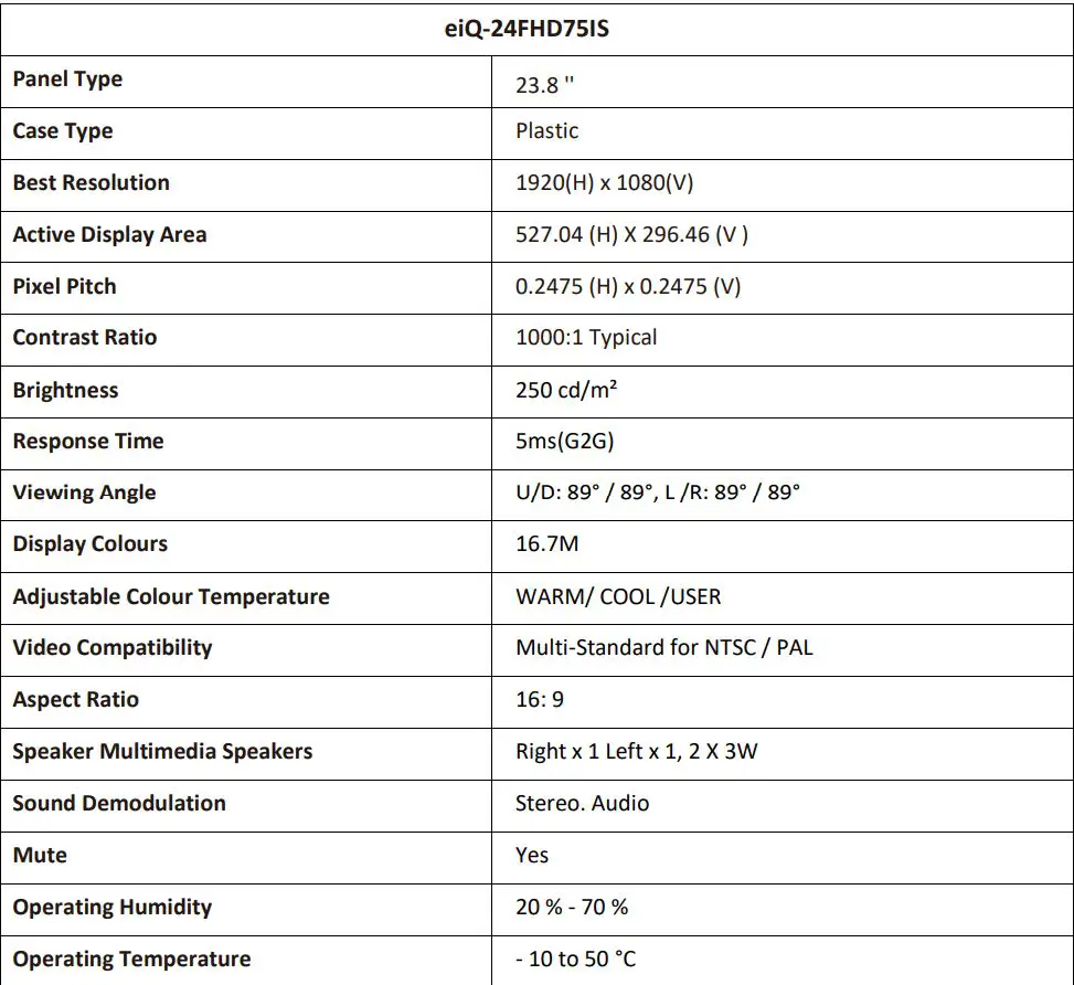 electriQ Slim LED Monitor User Manual - TECHNICAL SPECIFICATION