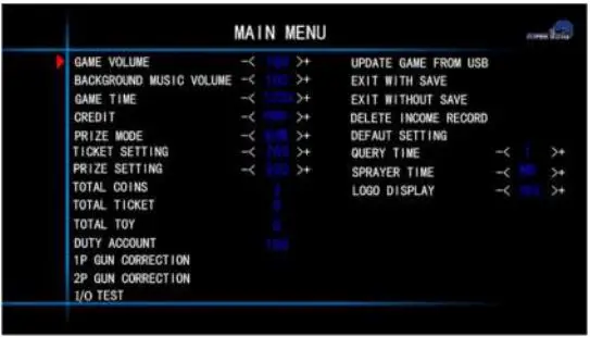 Betson Enterprises Ice Man Coastal Amusements Owner's Manual - Main Menu