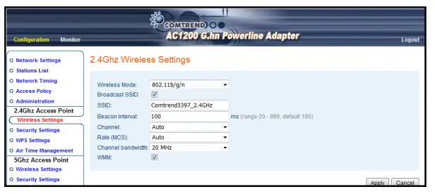 COMTREND PG-9182AC G.hn 2000 Powerline Adapter - Wireless Settings