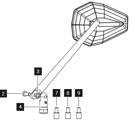 4.2 | Preparation First of all, choose a well-lit place and use a suitable stand to make sure there is no risk of your motorcycle toppling over. Then remove the existing mirrors and the front indicator lights. Remember to check whether one of them has a left-hand thread (e.g. the right mirror on Yamaha bikes). Left-hand threads are generally identified by a notch on the hexagon of the nut. Now you need to check the thread of the old mirrors and choose the correct size of thread adapter from those supplied with the gazzini Mirror. Screw the adapter into the base of the mirror. Motorcycles over 125 cc from other Japanese manufacturers generally have a thread with a diameter of 10 mm and a pitch of 1.25 (written: M10x1.25). Newer BMWs with short threads tend to have a thread diameter of 10 mm, but a pitch of 1.5. Suitable gazzini Mirror adapters for these versions are also included.