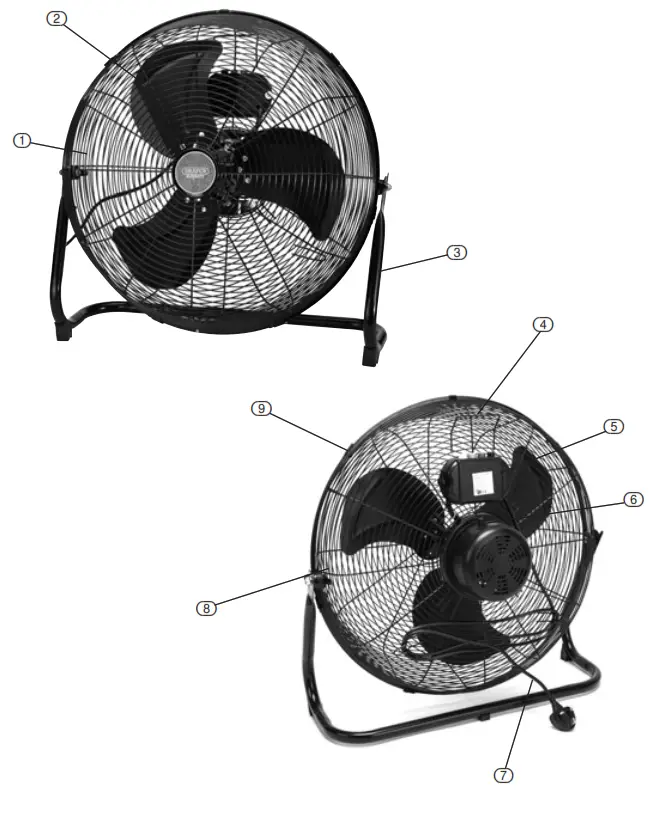 DRAPER 09139 16 Inch 18 Inch and 20 Inch Oscillating Floor Fans - Front grille.