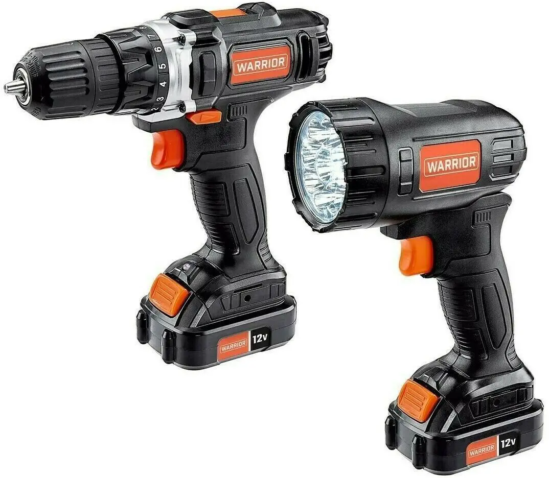WARRIOR 57383 12V Lithium 3 or 8 Inch Cordless Drill and Flashlight Kit