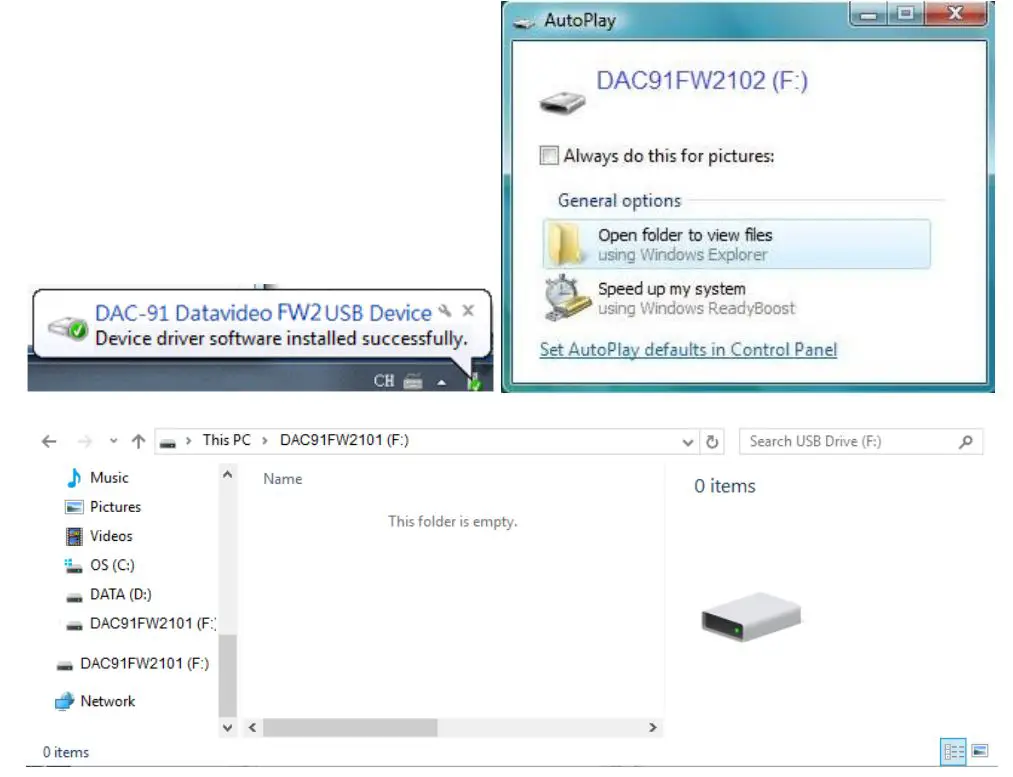 Datavideo DAC-91 SDI AUDIO EMBEDDER - Connect the PC via mini-USB port and the “Removable Disk” dialogue box