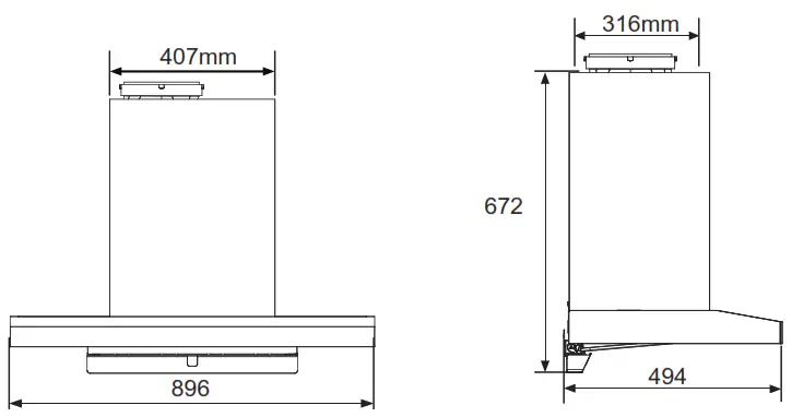 Midea 330411 T Canopy Rangehood with Smoke Detection - dimensions