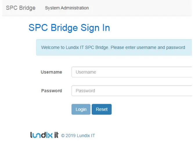 lundix it SPC Bridge Modbus Integration of Vanderbilt SPC Intrusion System User Manual - SPC Bridge Sign In