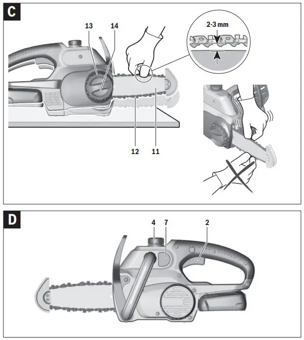 BOSCH UniversalChain 18 Cordless Electric Chainsaw Instructions - Fig C D