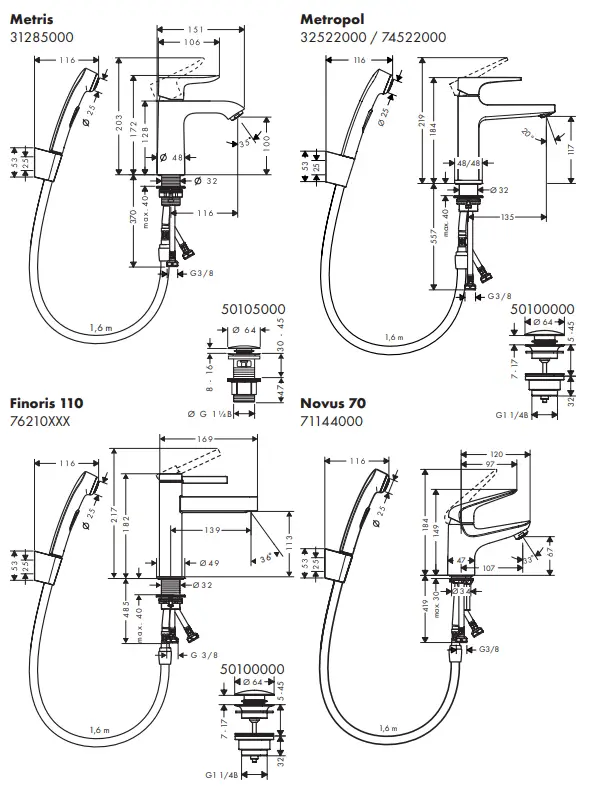 hansgrohe 31160000 Metris S Single Lever Basin Mixer - 10