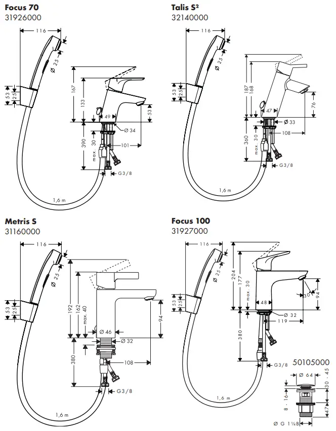 hansgrohe 31160000 Metris S Single Lever Basin Mixer - 9