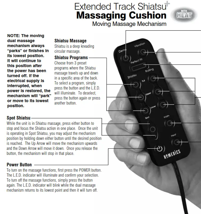Homedics MCS-400H Extended Track Shiatsu Massaging Cushion Moving Massage Mechanism Instruction - Extended Track