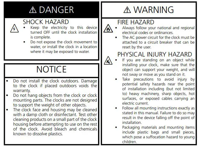 sapling Horizontal Time Zone Clocks - Important Safety Instructions