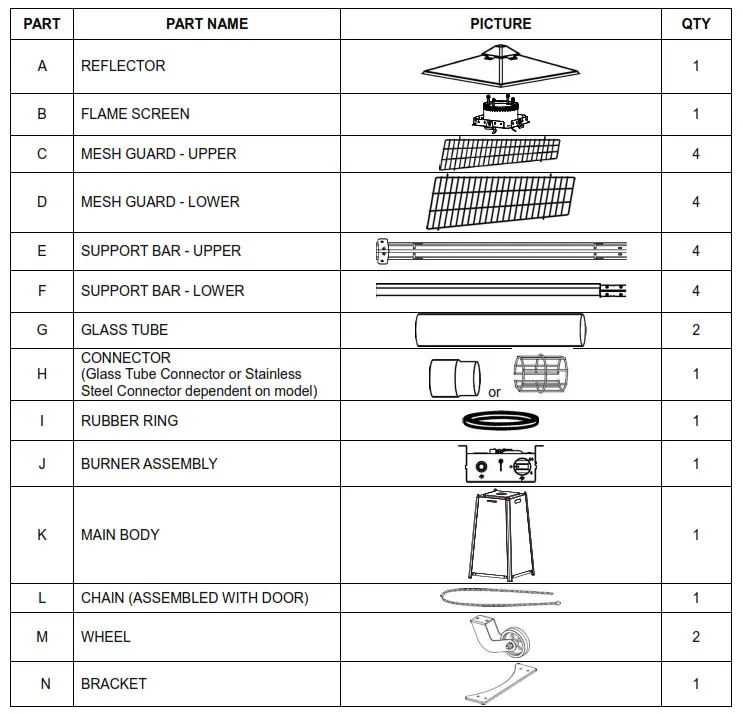 electriQ EQODHFLGR Pyramid Flame Tower Outdoor Gas Patio Heater - PART LIST 1