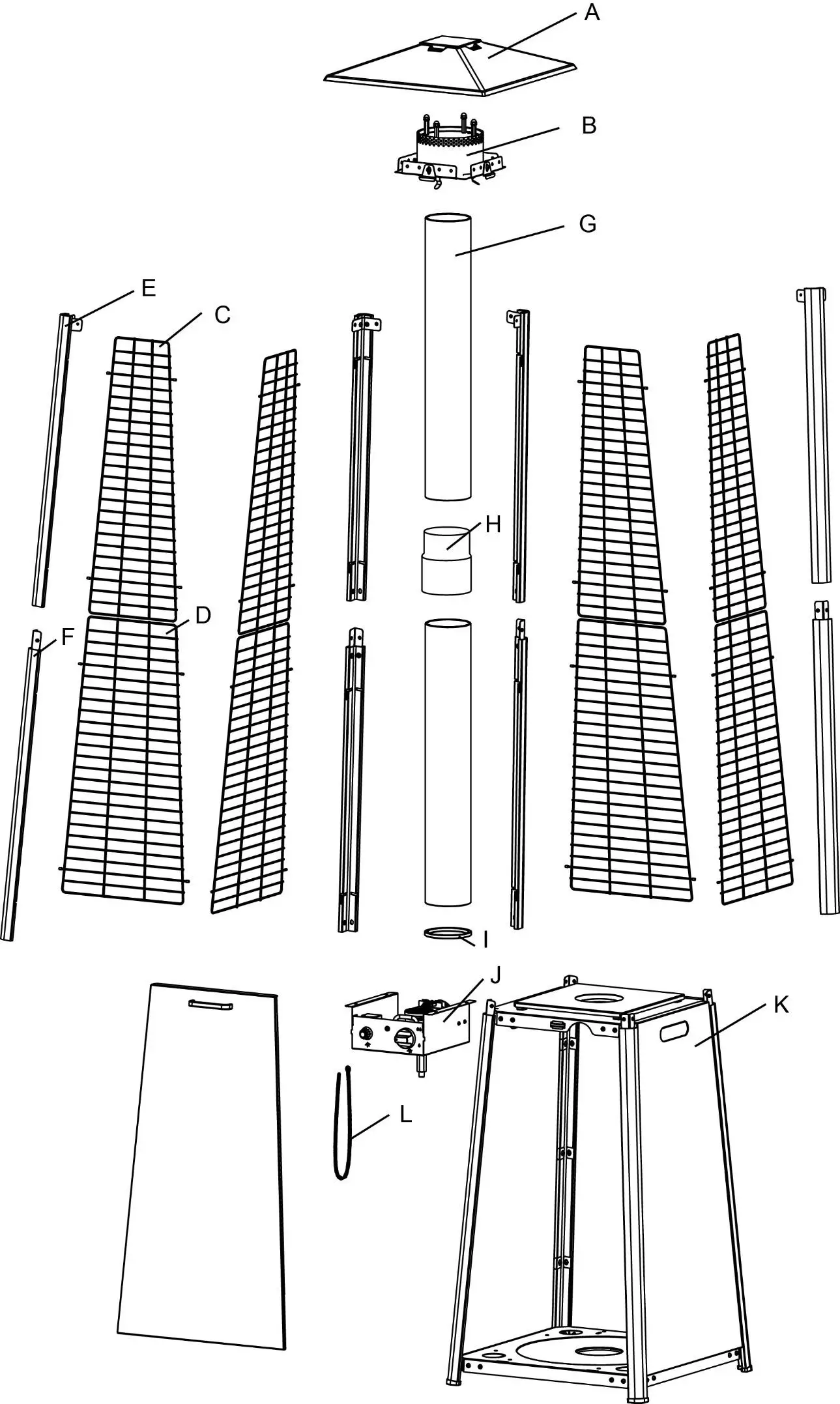 electriQ EQODHFLGR Pyramid Flame Tower Outdoor Gas Patio Heater - PART LIST