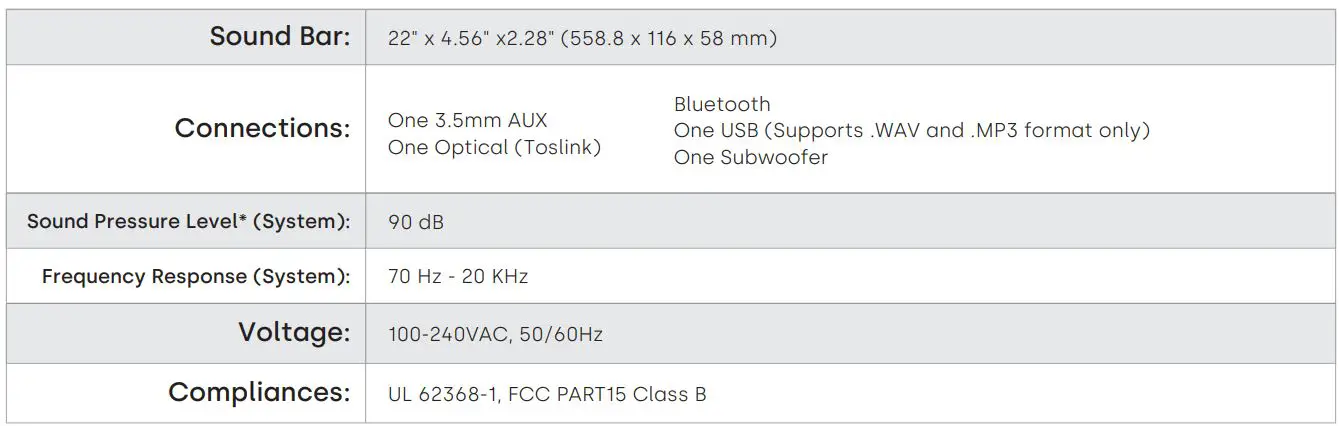 Boston acoustics TVEE 22 Soundbar User Manual - Specifications