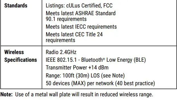 Cooper Lighting WaveLinx Lite Wallstation Bluetooth Low Energy Instructions - Specifications