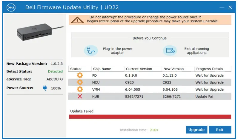 DELL UD22 Docking Station - displayed when the utility is unable