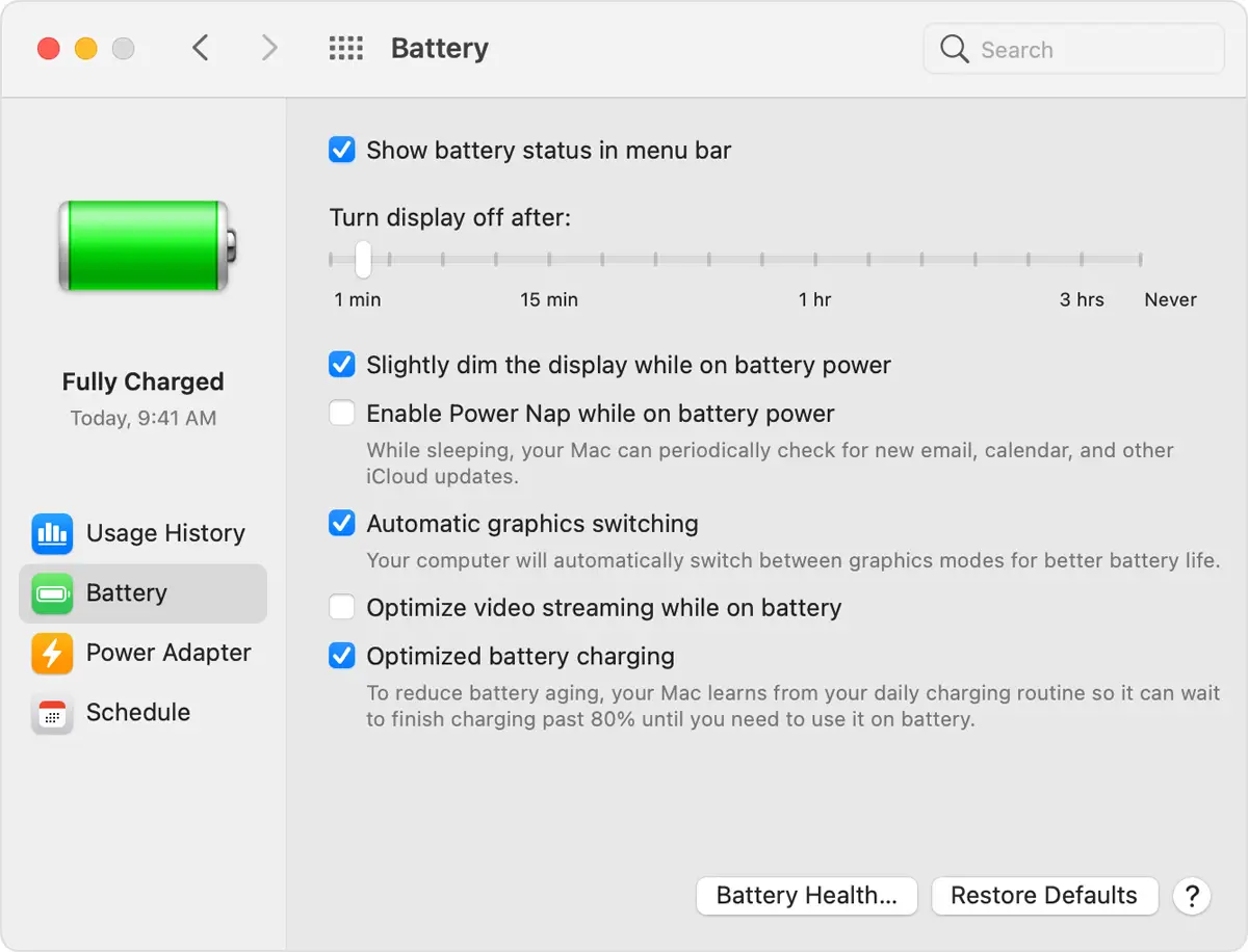 Battery Preferences window with "Optimized battery charging" selected