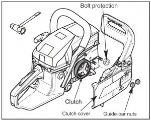 Remove the guide bar nuts and the clutch cover. Remove the bolt protection.